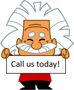 Einstein cartoon with sign saying call us today